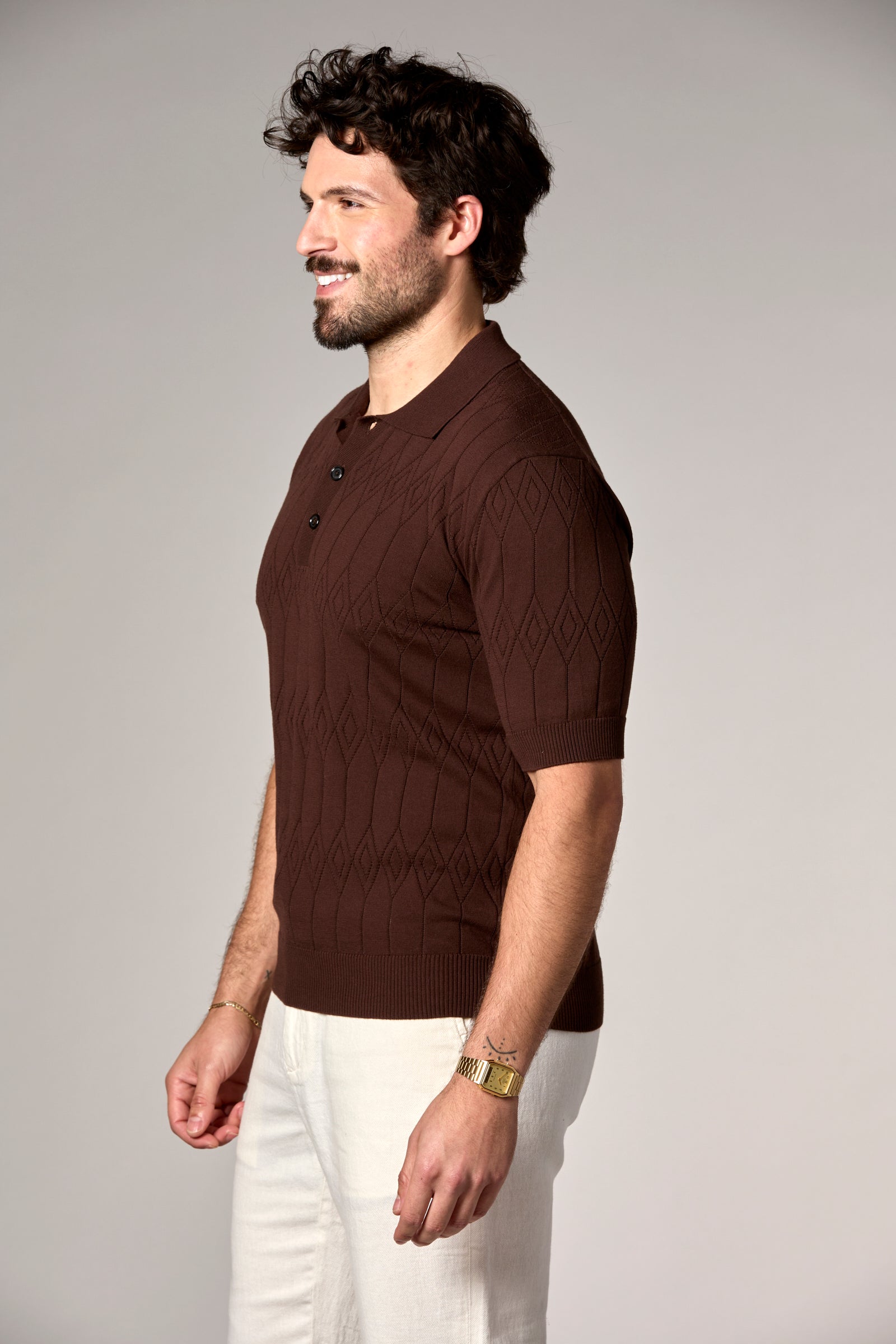 Pointelle Knit Polo Brown