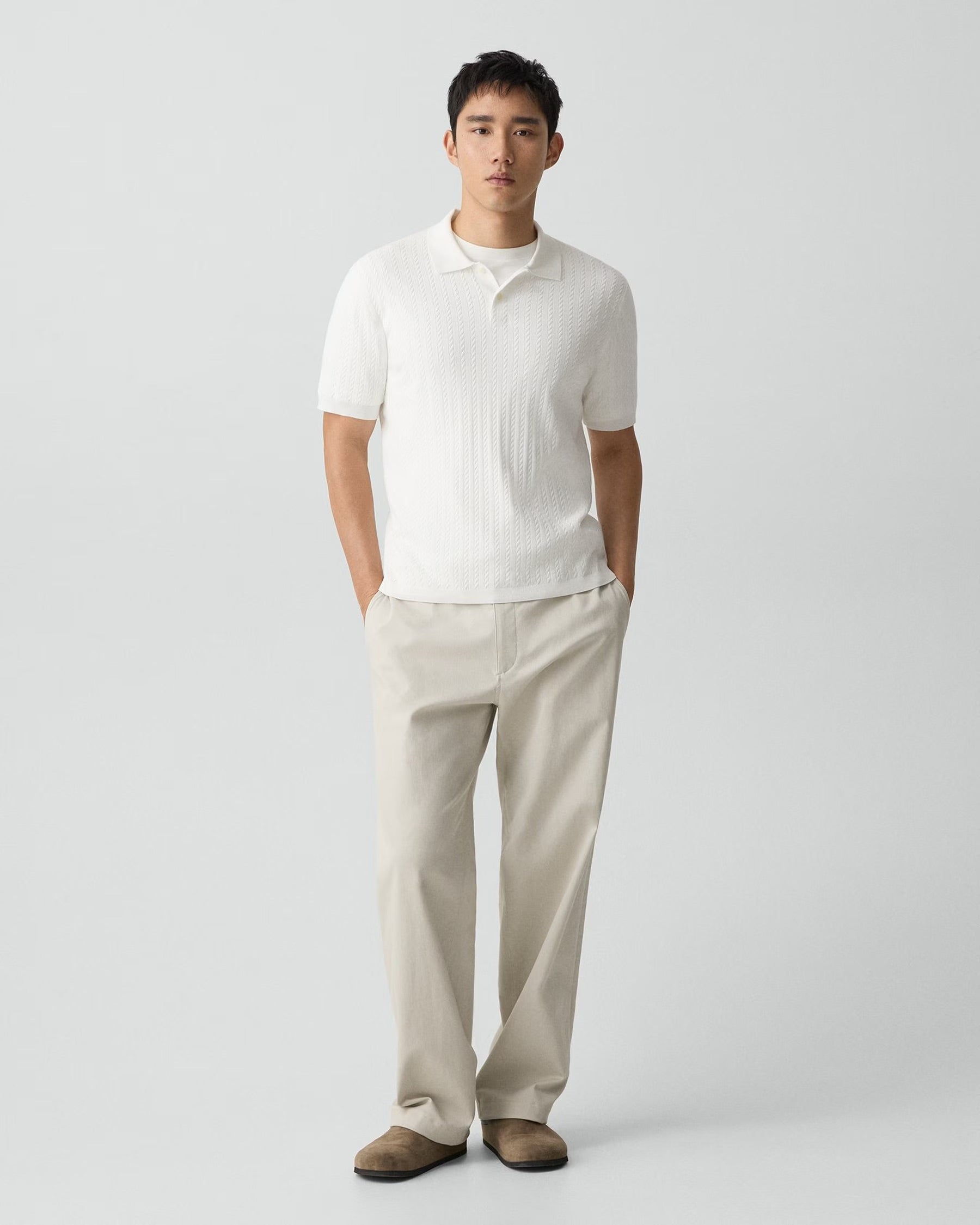 Cable Knit Polo in Light Bilen White
