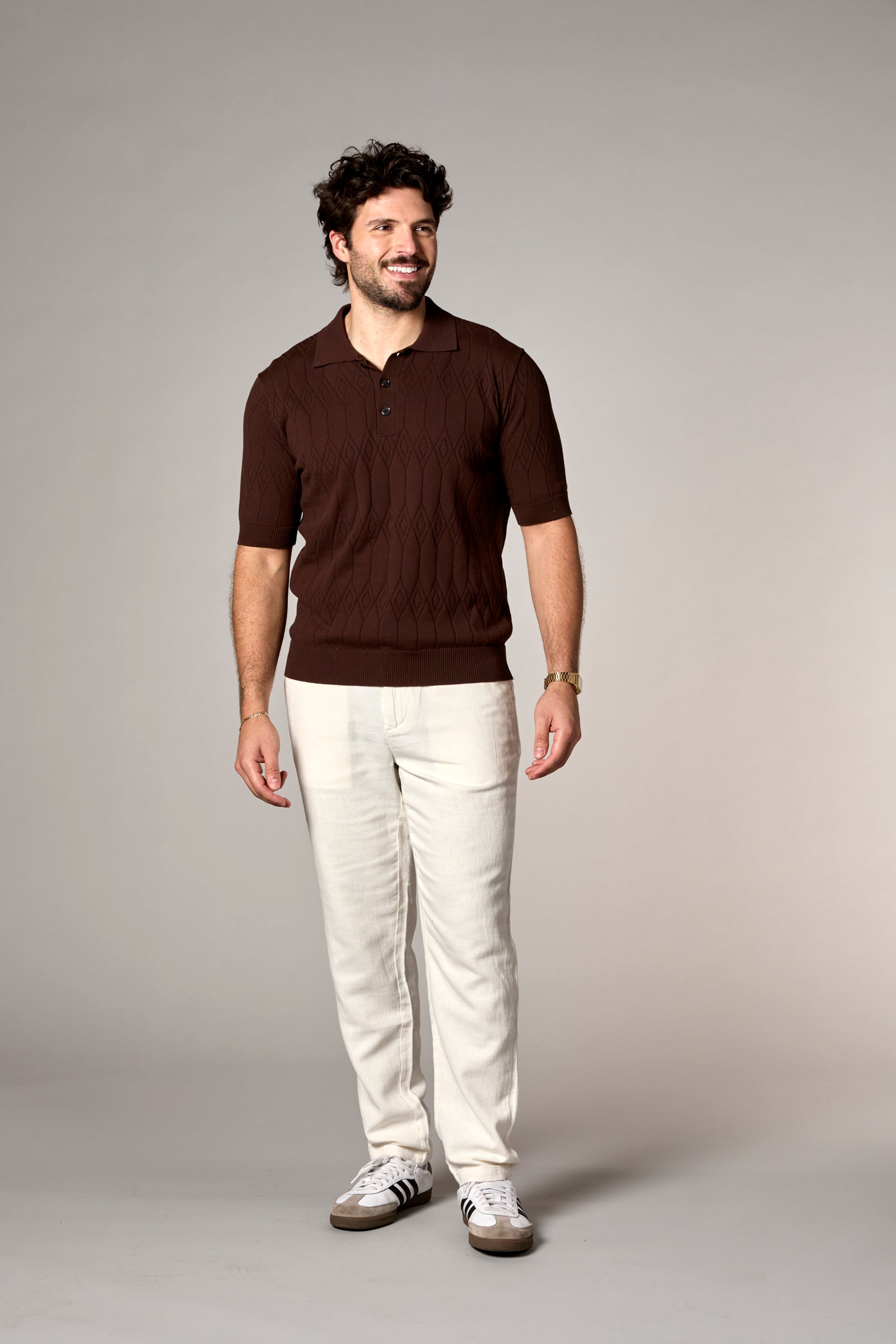 Pointelle Knit Polo Brown