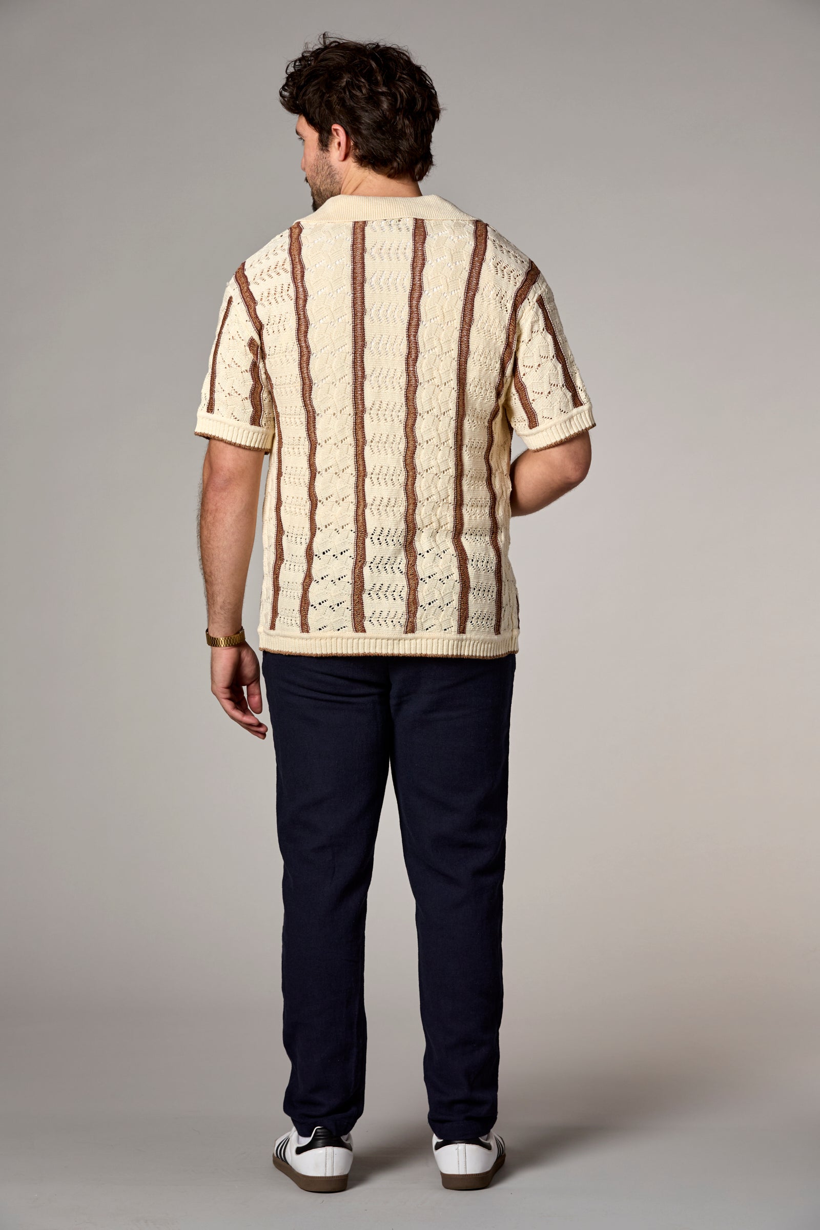 Striped Texture Knit Shirt Chocolate/Ivory