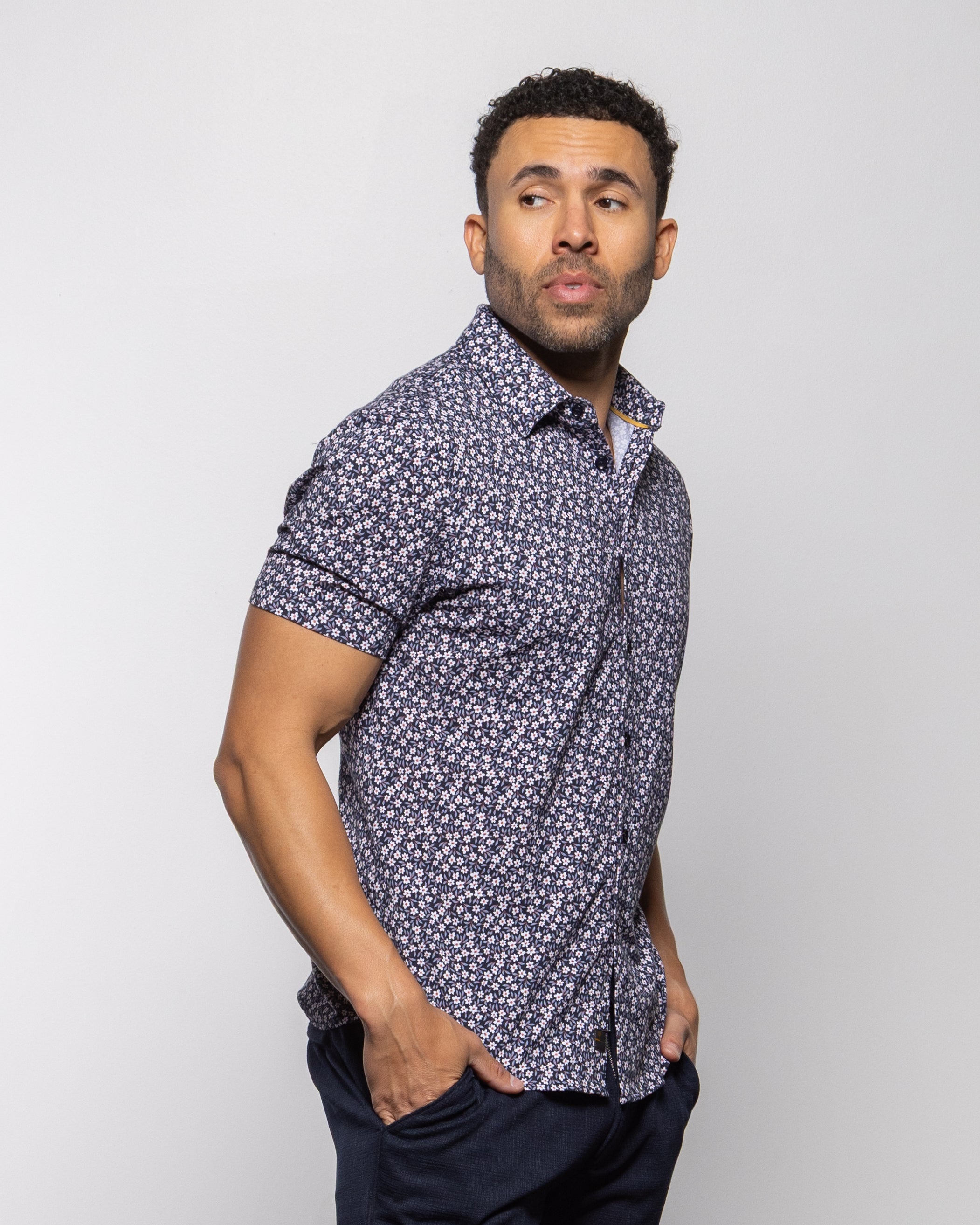 Bello Small Flower Short Sleeve Shirt Indigo Night