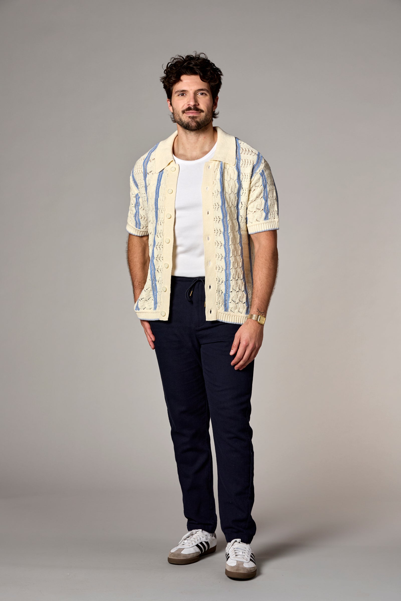 Striped Texture Knit Shirt Ivory/Blue
