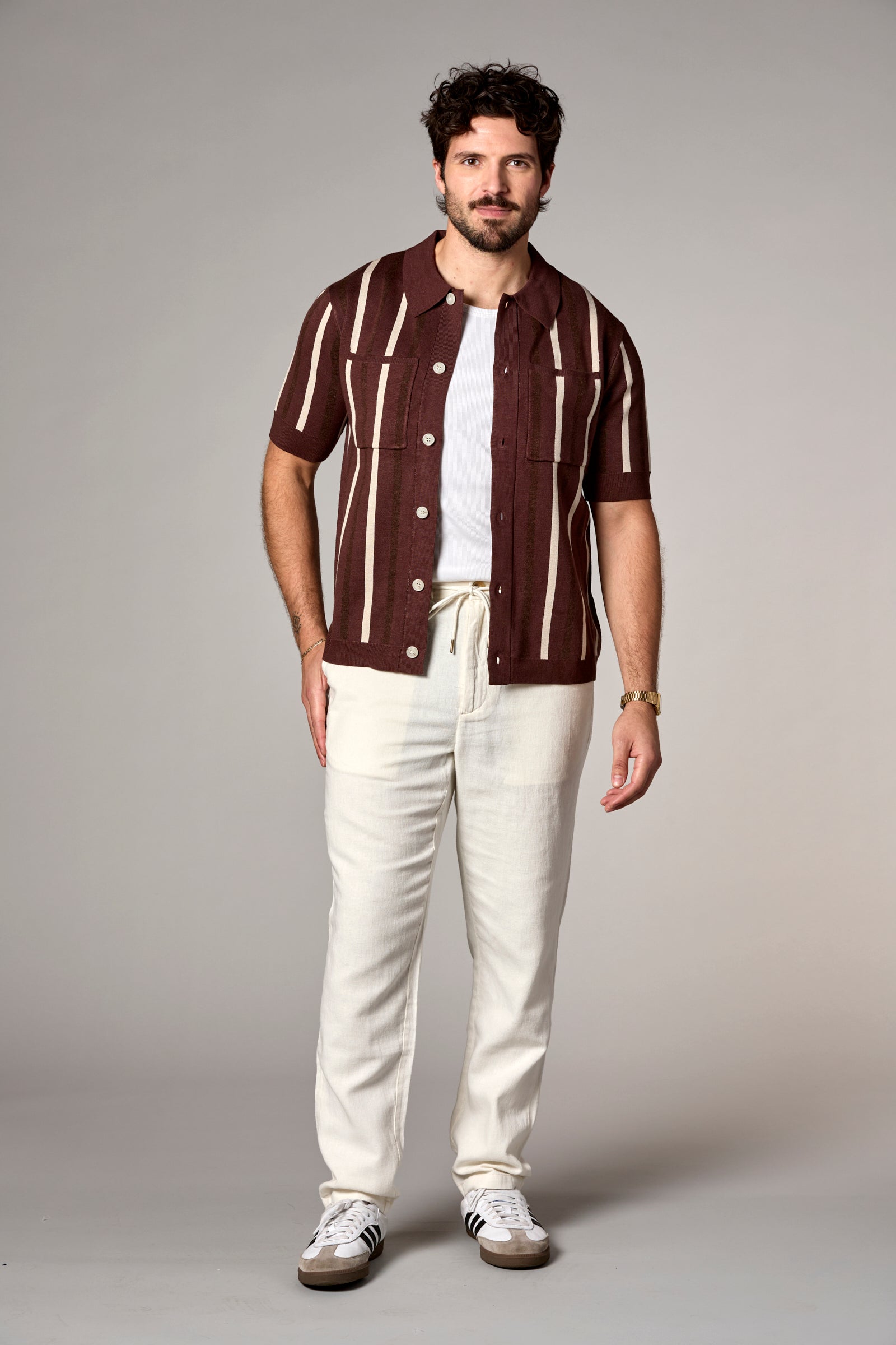 Striped Knit Shirt Taupe Multi