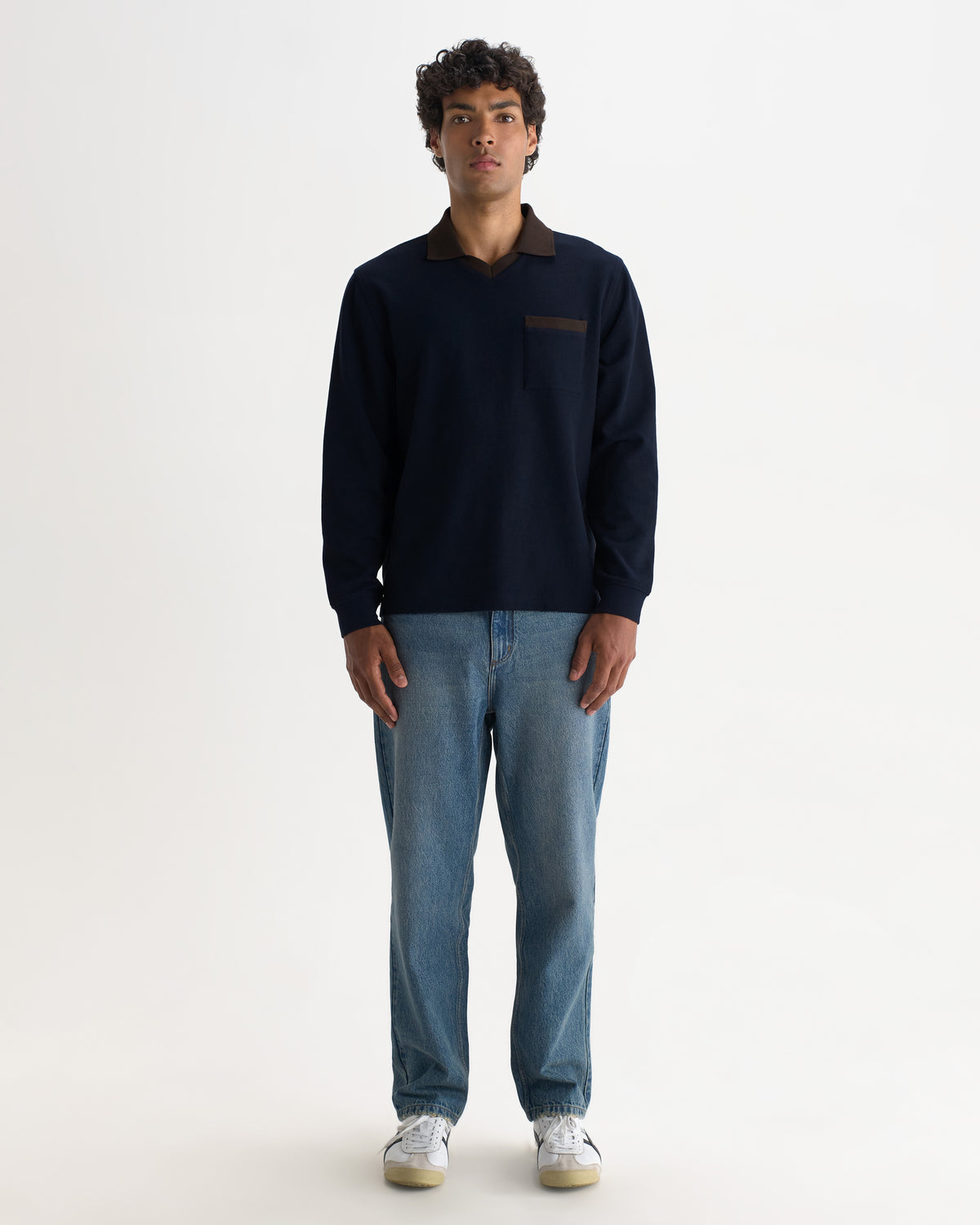 Pendal Long Sleeve Polo in Jolt Navy/Brown