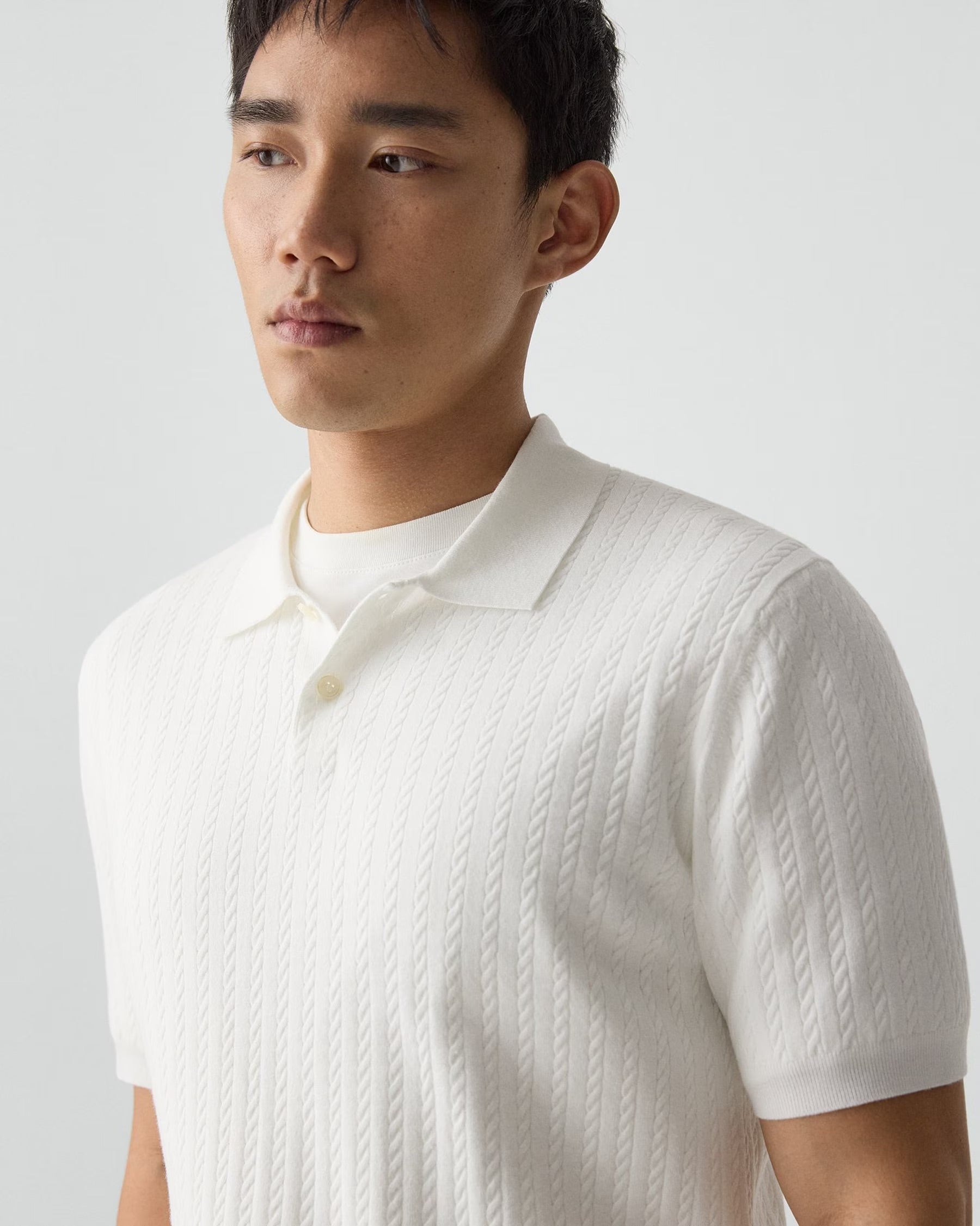 Cable Knit Polo in Light Bilen White