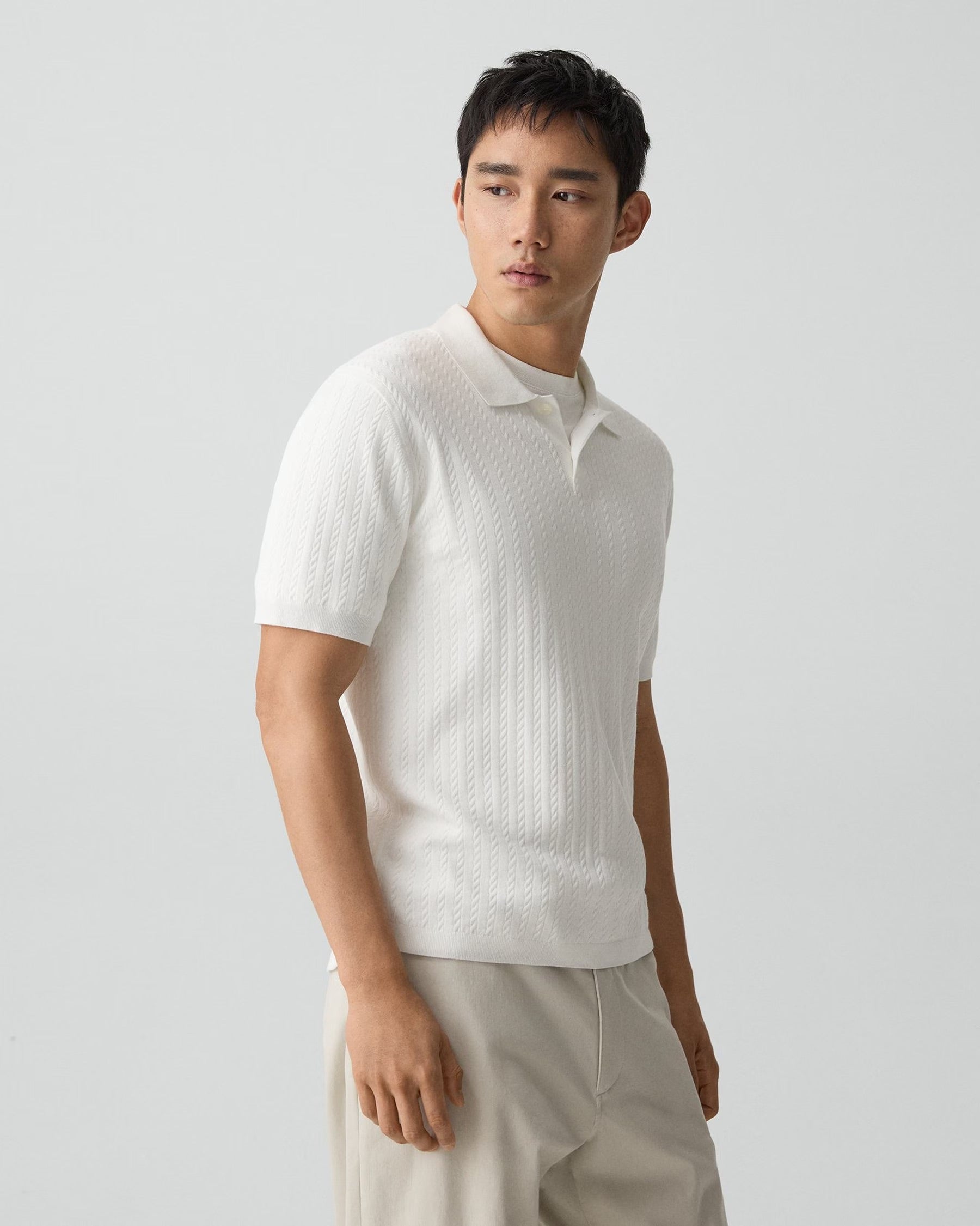 Cable Knit Polo in Light Bilen White