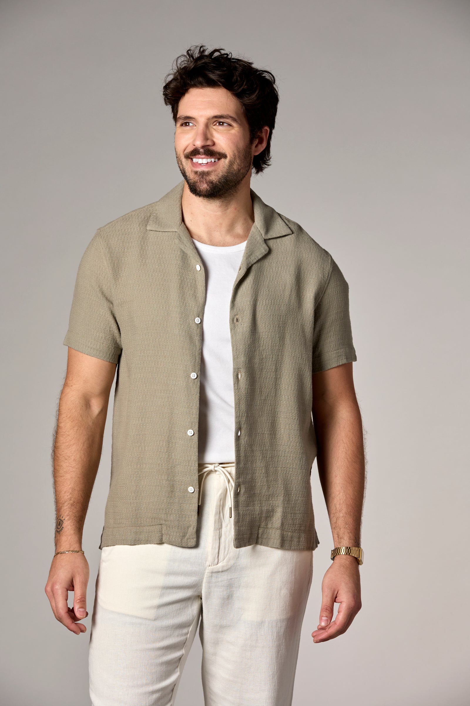 Bahamas S/S Garment Dyed Cotton/Linen Camp Shirt Light Olive
