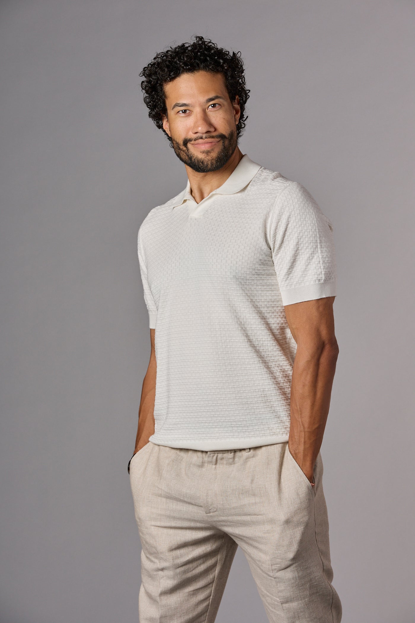 Textured Knit Polo Off-White