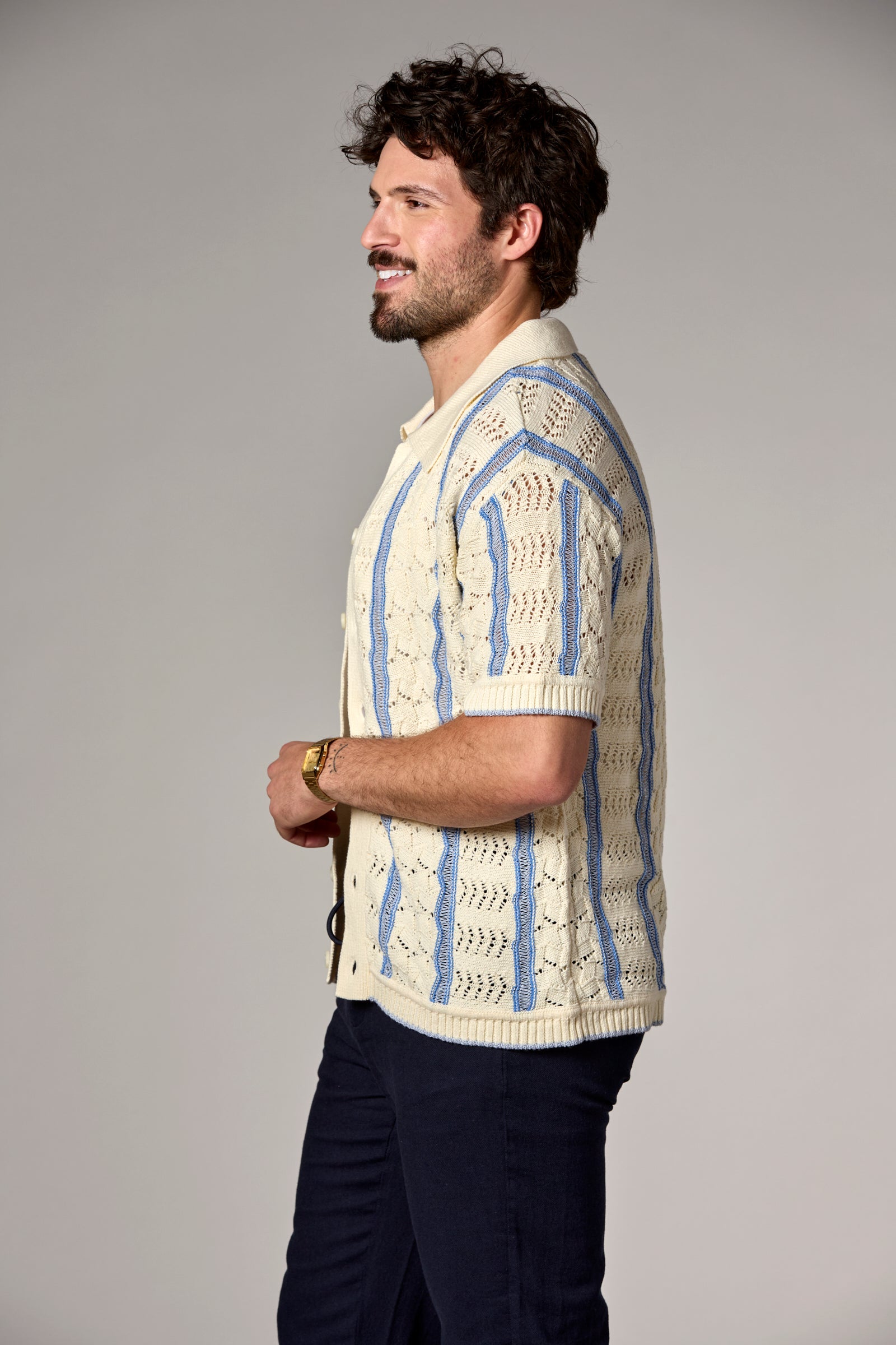 Striped Texture Knit Shirt Ivory/Blue
