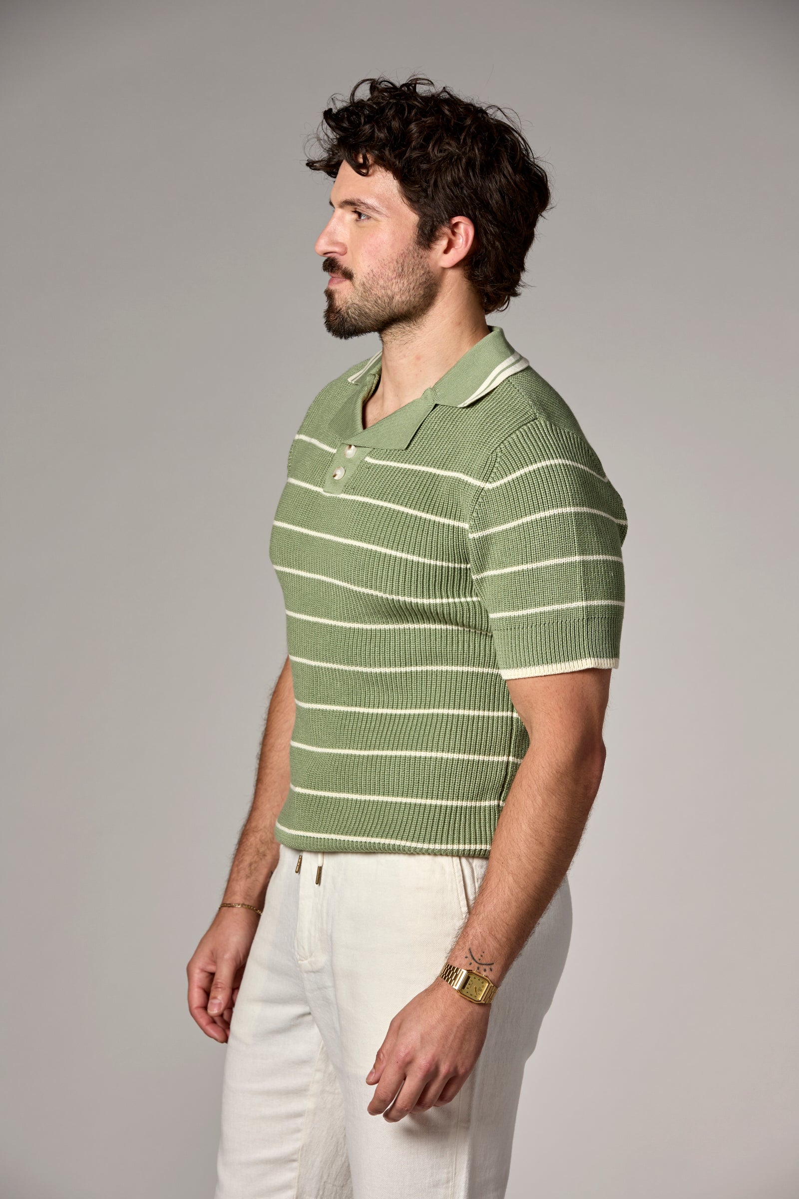 Striped Knit Polo Moss Multi