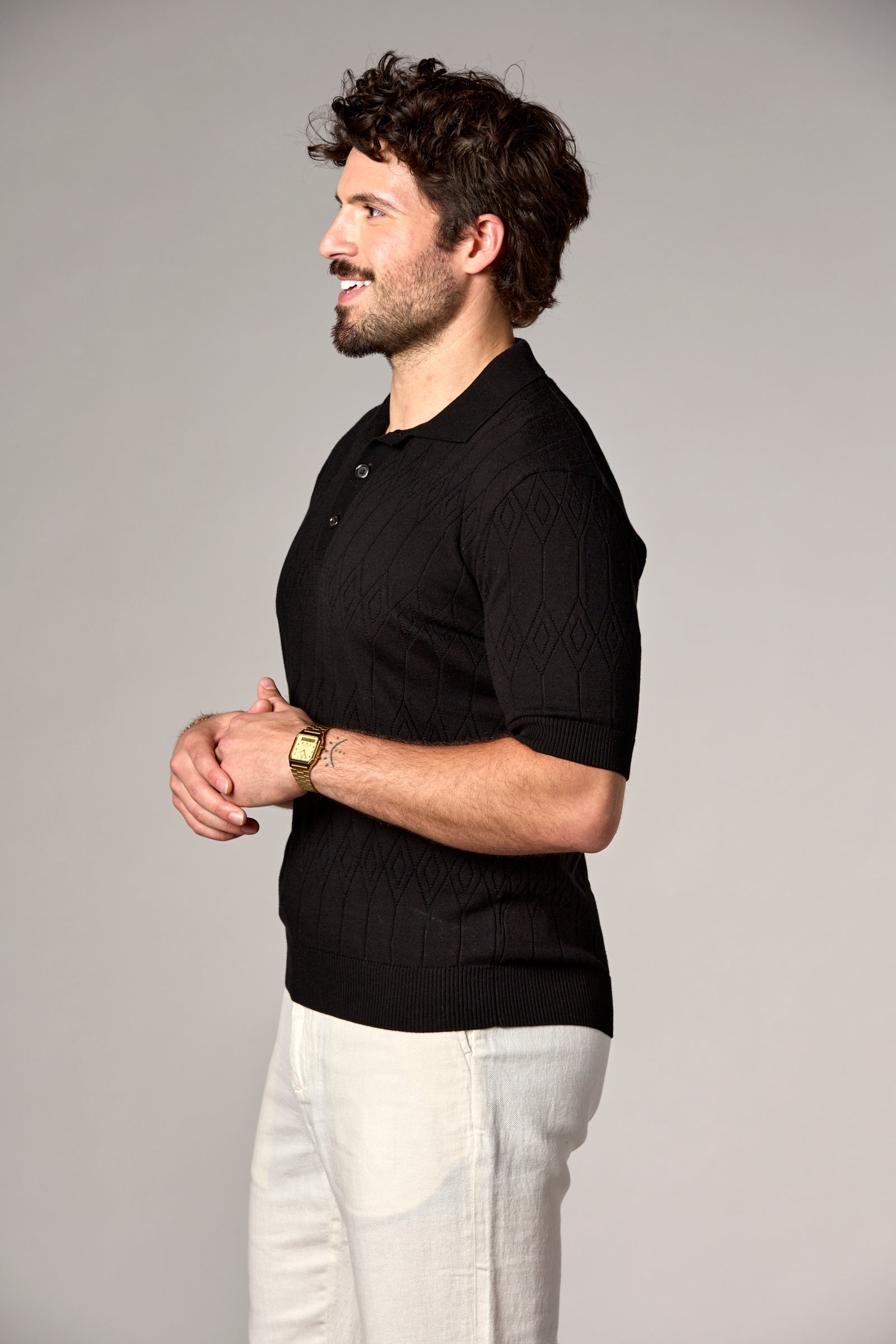 Pointelle Knit Polo Black