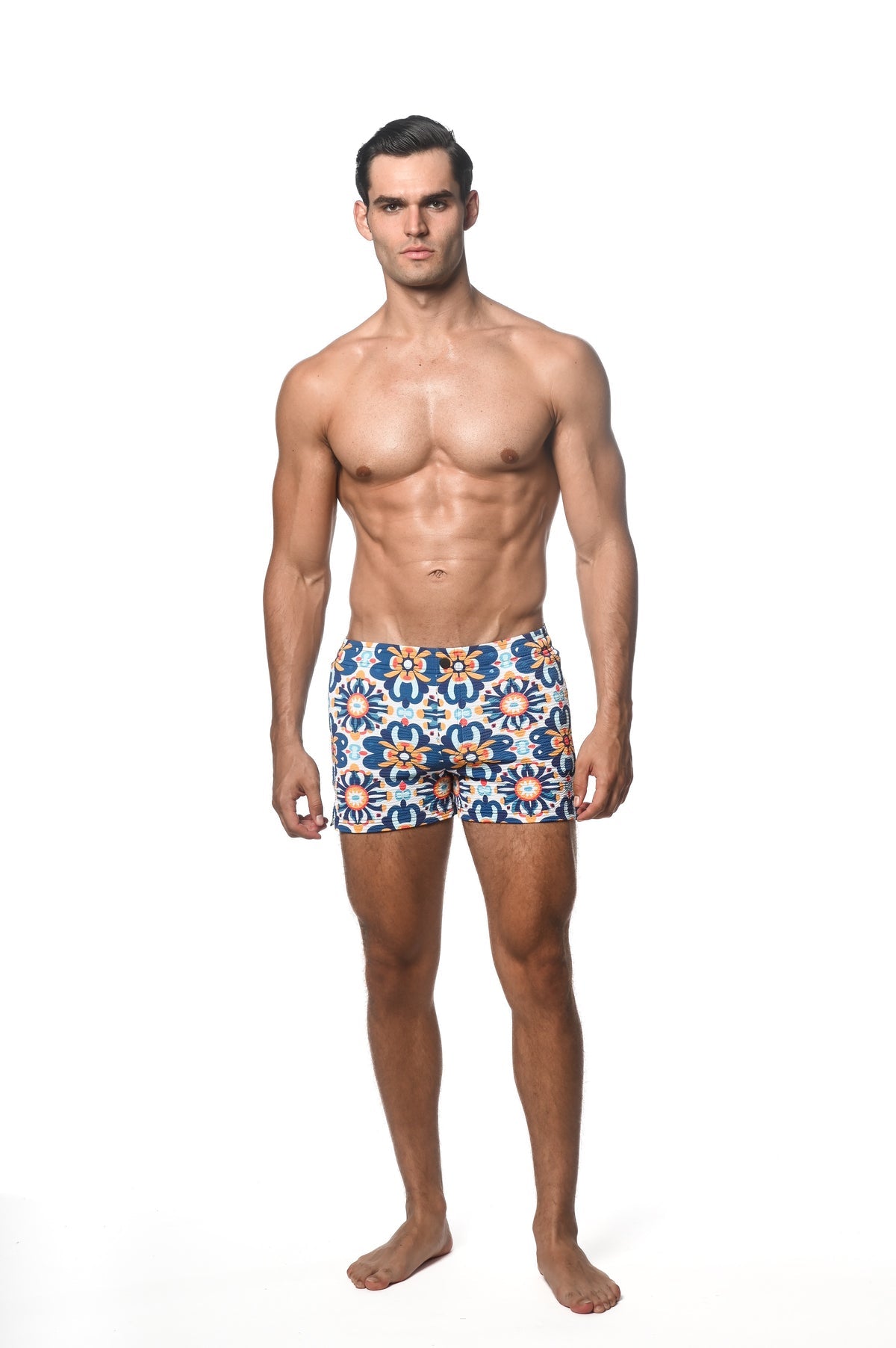 Printed Seersucker Swim Short Cobalt/Sunrise Floral Tiles