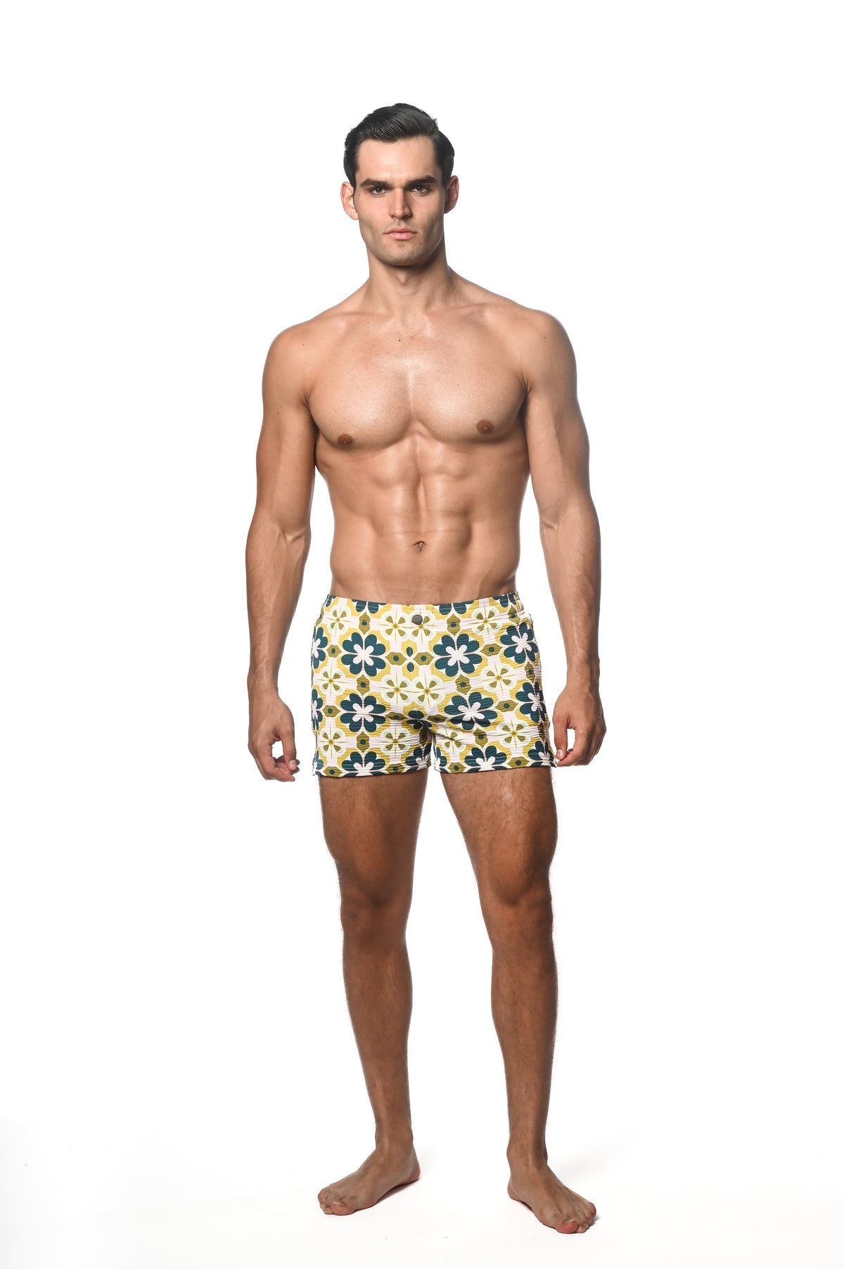 Printed Seersucker Swim Short Teal/Citrus Floral Tiles