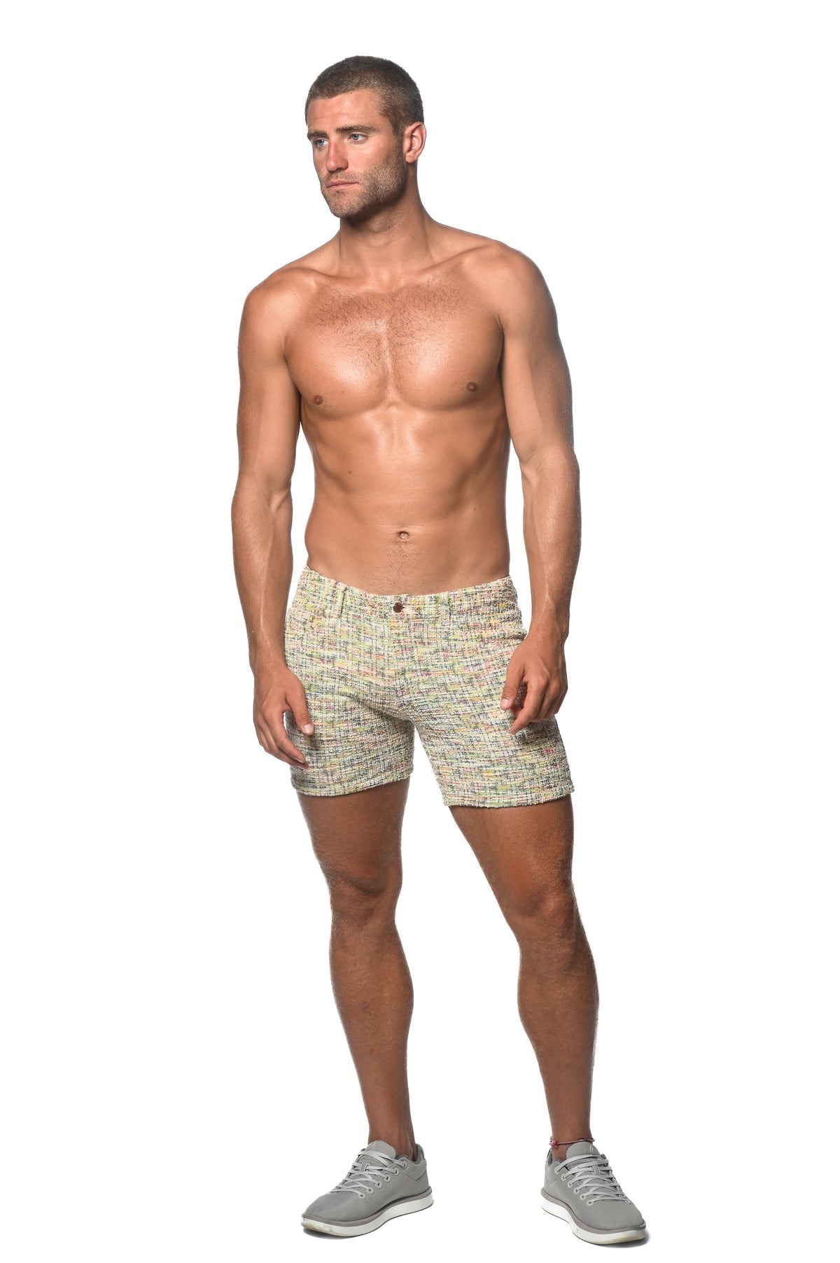 Tweed-Look Stretch Knit Shorts Aloe/Spruce Mini Checks