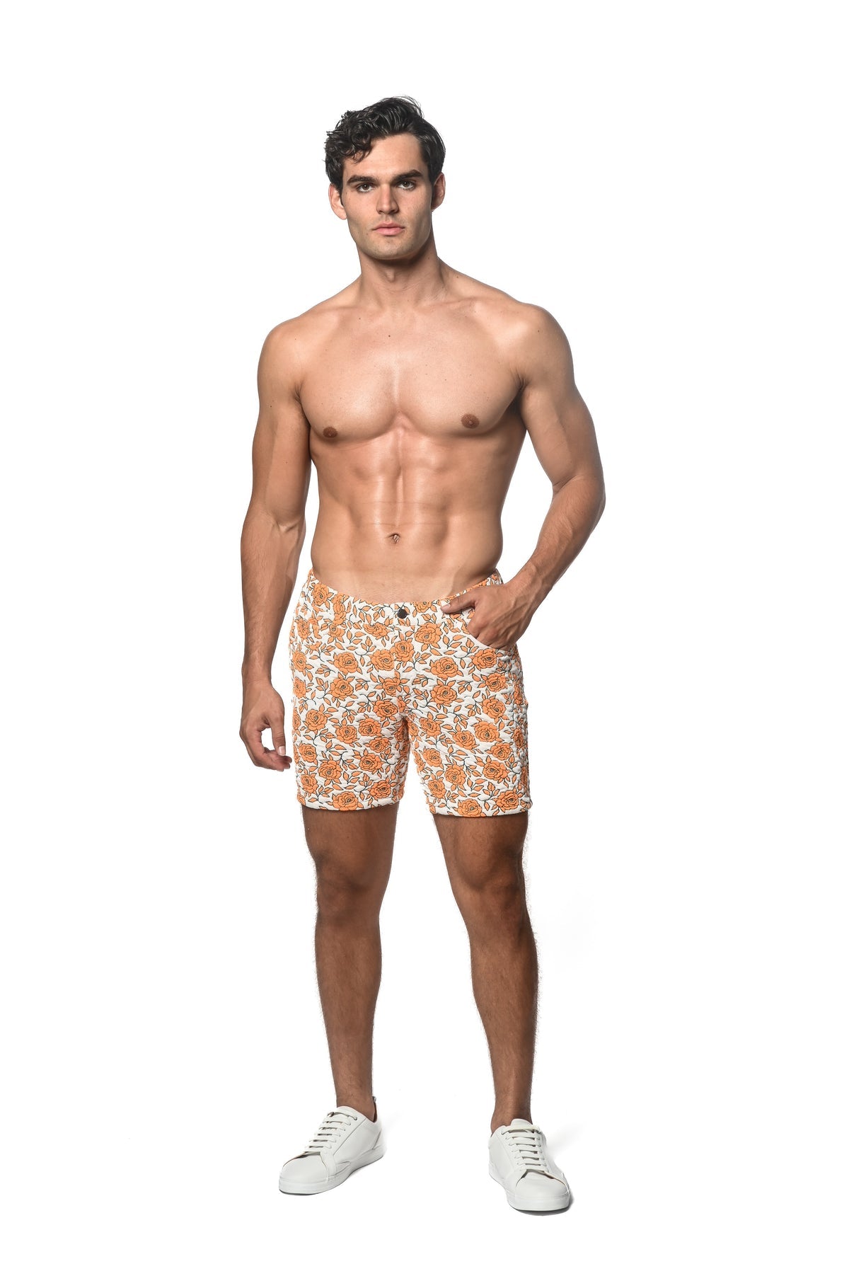 Jacquard Stretch Knit Jeans Shorts White/Orange Roses