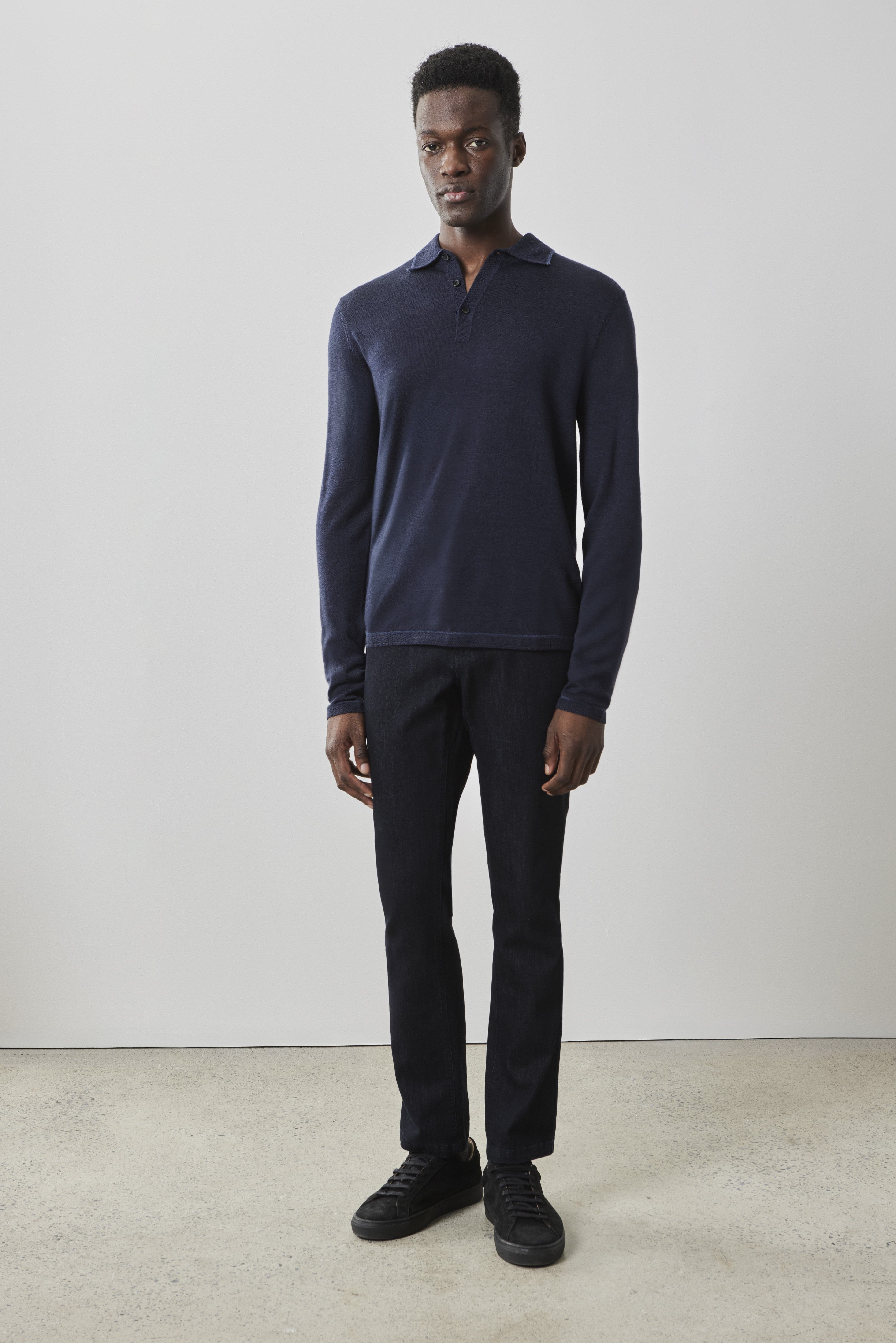 Roman Long Sleeve Sweater Polo in Navy