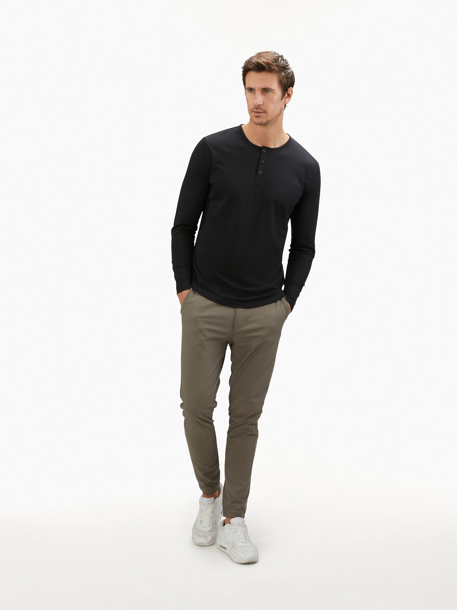 AO Long Sleeve Henley Curve-Hem Carbon