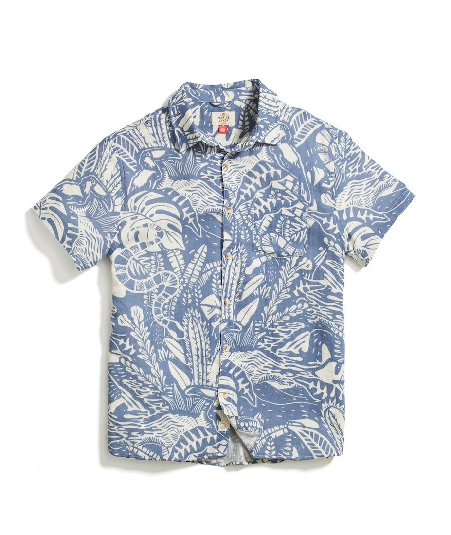 Short Sleeve Crinkle Double Cloth Print Shirt Navy Tropical Print