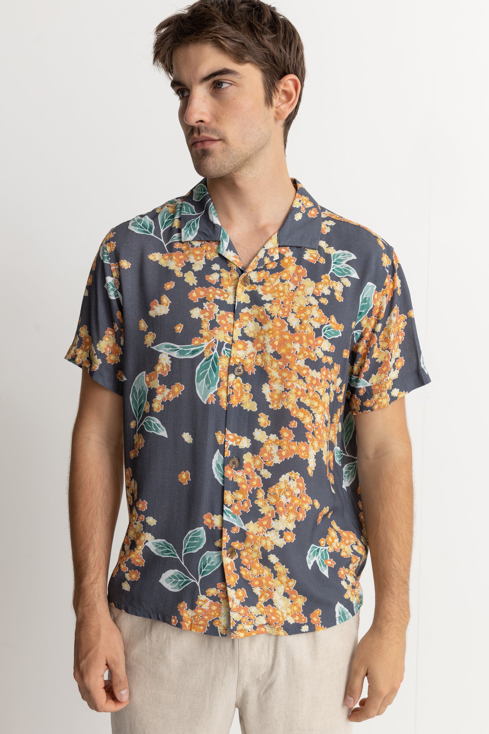 Isle Floral Cuban Short Sleeve Shirt Dark Navy
