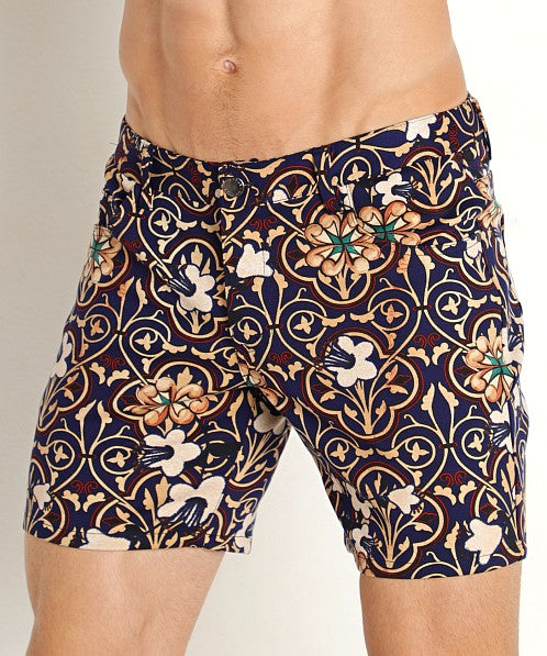 5" Printed Stretch Knit Jean Shorts Khaki/Navy Mosaic Floral