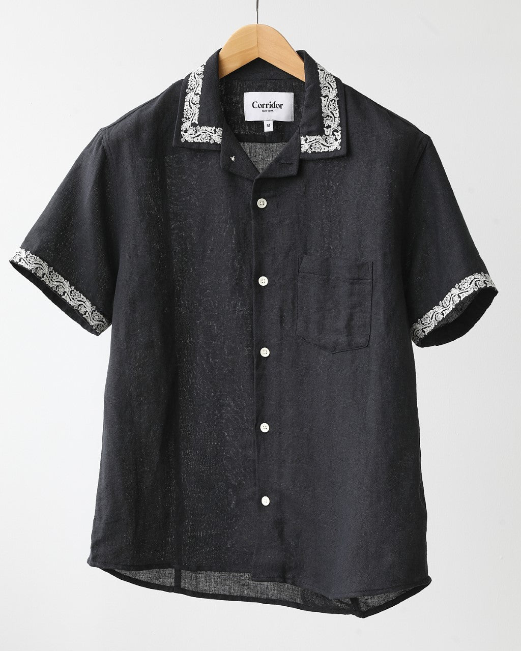 Hamsa Floral Linen Short Sleeve Shirt Black