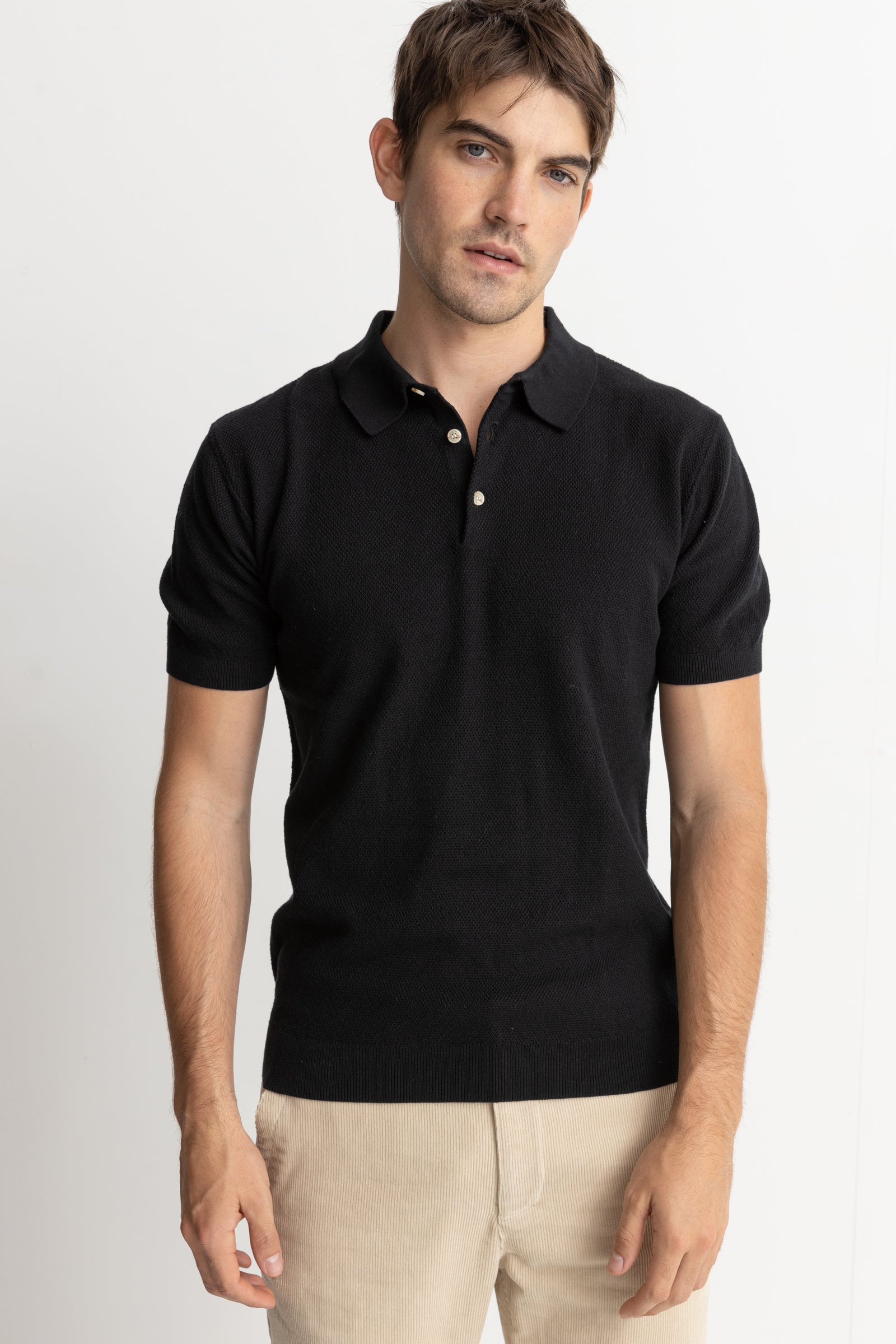 Textured Knit Shirt Sleeve Polo Black