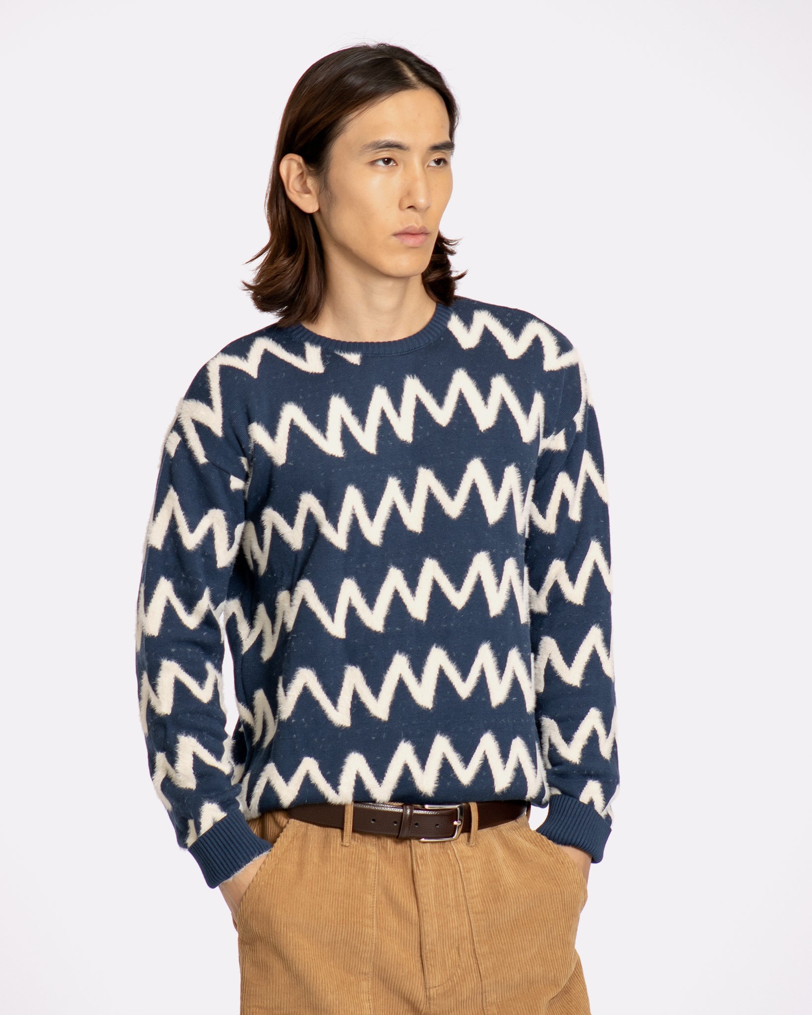 Drop Shoulder Knitted Crewneck Sweater Insignia Blue/Snow White