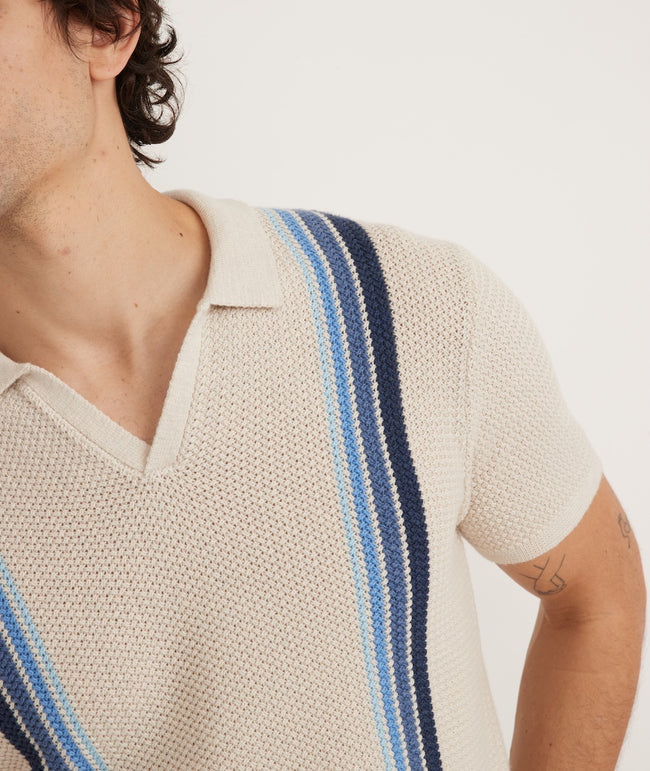 Conrad Vertical Stripe Sweater Polo - Oatmeal Oatmeal Blue Stripe