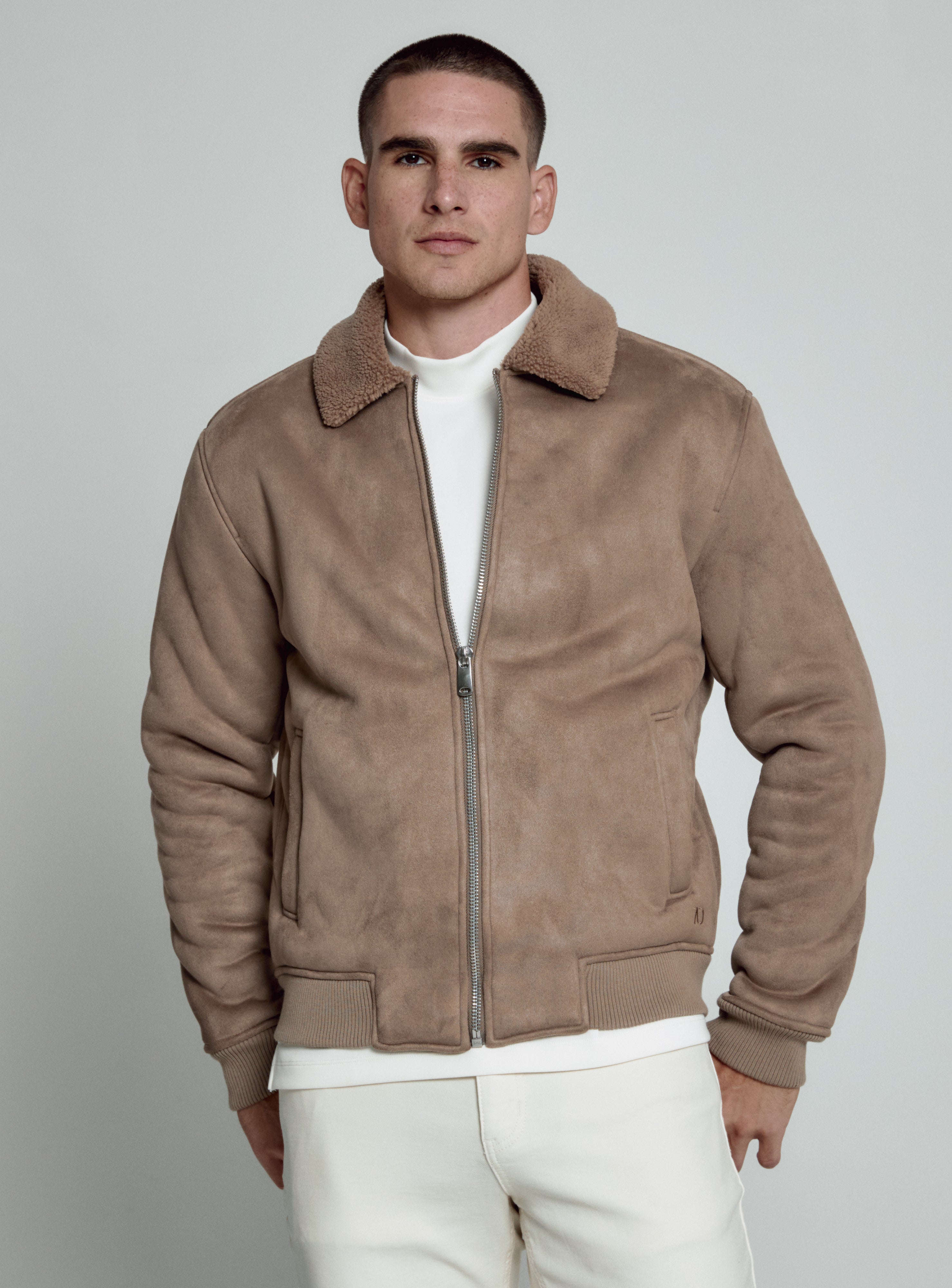 Suede Sherpa Bomber Jacket Truffle