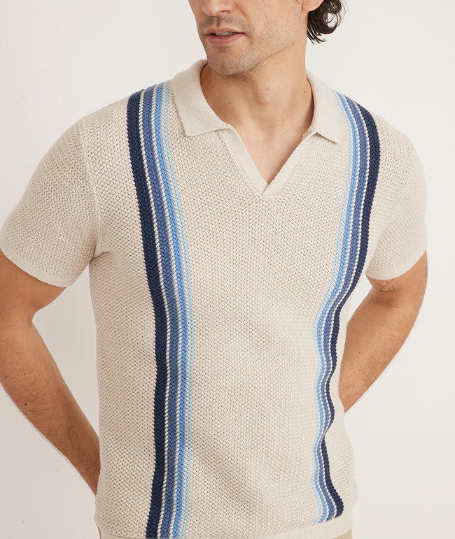 Conrad Vertical Stripe Sweater Polo - Oatmeal Oatmeal Blue Stripe