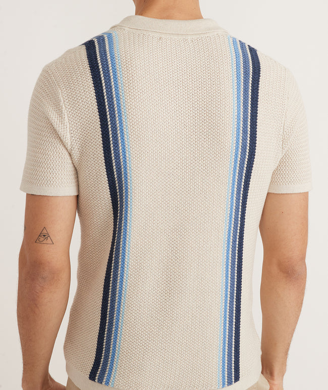 Conrad Vertical Stripe Sweater Polo - Oatmeal Oatmeal Blue Stripe